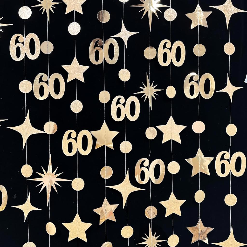 Champagne Gold 60th Birthday Decorations Number 60 Circle Dot Star Garland Metallic Streamer Banner for Women Mens Cheers to 60 Years Old Birthday