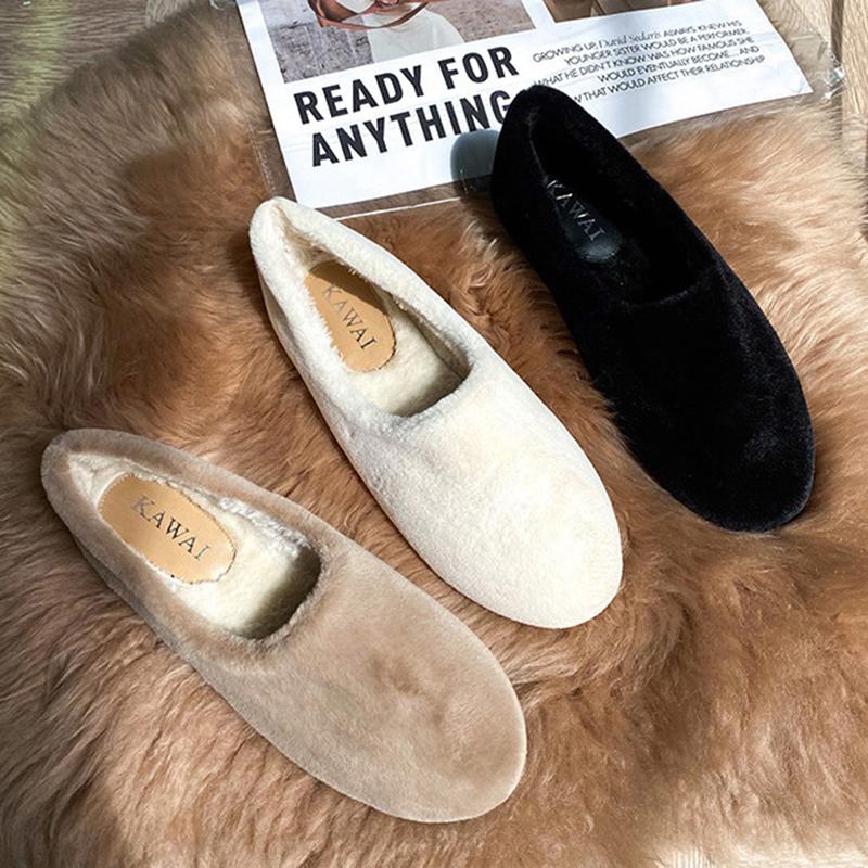 Winter Fur Shoes Women Cotton Sneakers Woman Furry Flats Warm Plush Loafers Lambswool Moccasins Femme Large Size