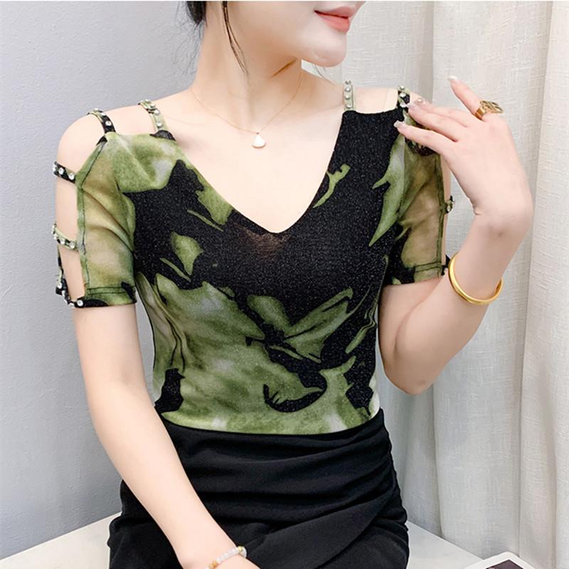 

Новая летняя женская футболка с V-образным вырезом, сексуальные топы с бриллиантами, модный принт, универсальная сетчатая женская футболка с цветочным принтом 3XL зелёный