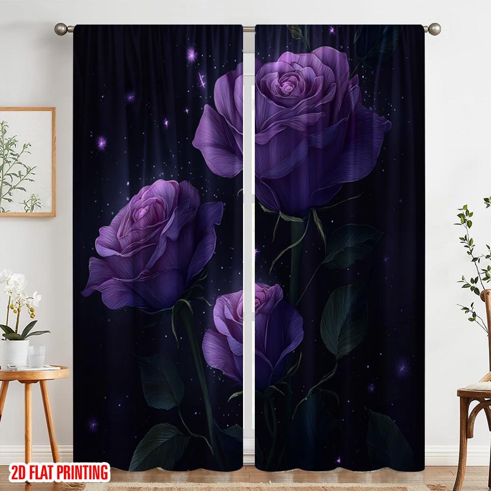 2 Stück, 2D-Flachdruck Moderne Vorhänge Lila Rosen in Blüte Polyestergewebe (ohne Stange) Festlich für Schlafzimmer, Büro,