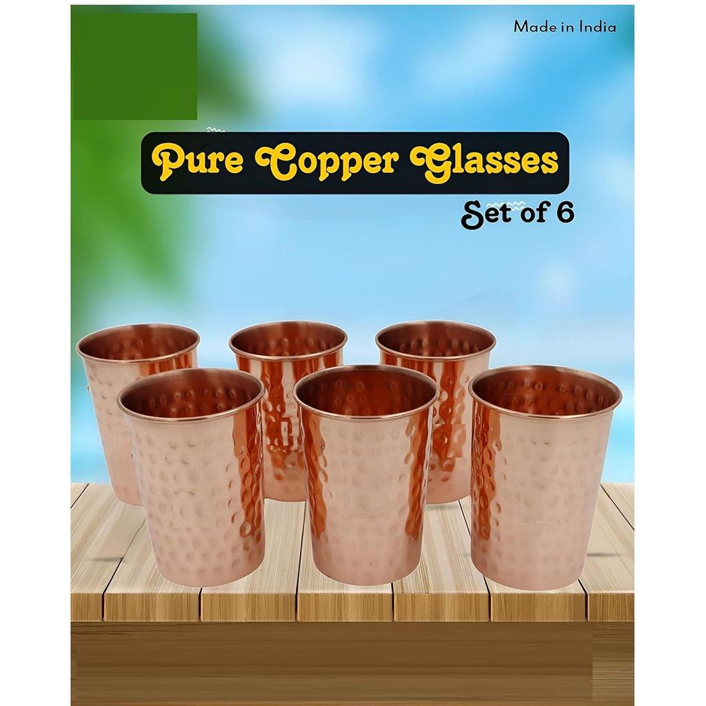 Dispensador de agua de cobre martillado de 5 litros (Matka) Olla Contenedor con 6 Vasos de Cobre Puro con Cobre Puro y Beneficios para la Salud Ayurvédicos
