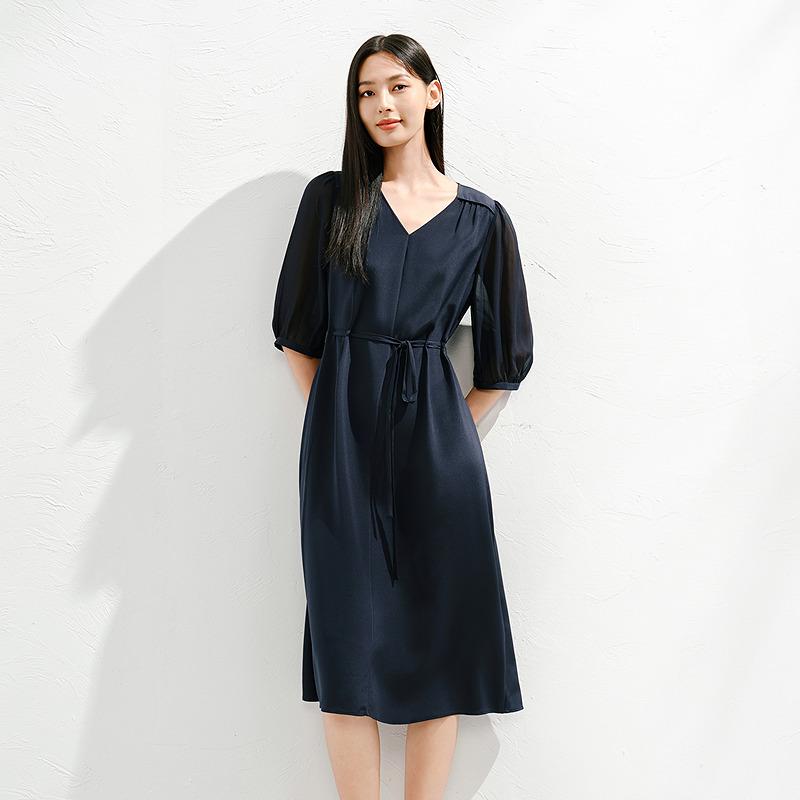 Jiuzi Anna Kou Elegant and Dignified Temperament Extremely Simple Style Mulberry Silk Waist Cinched Dress for Women 2025 Summer New Item
