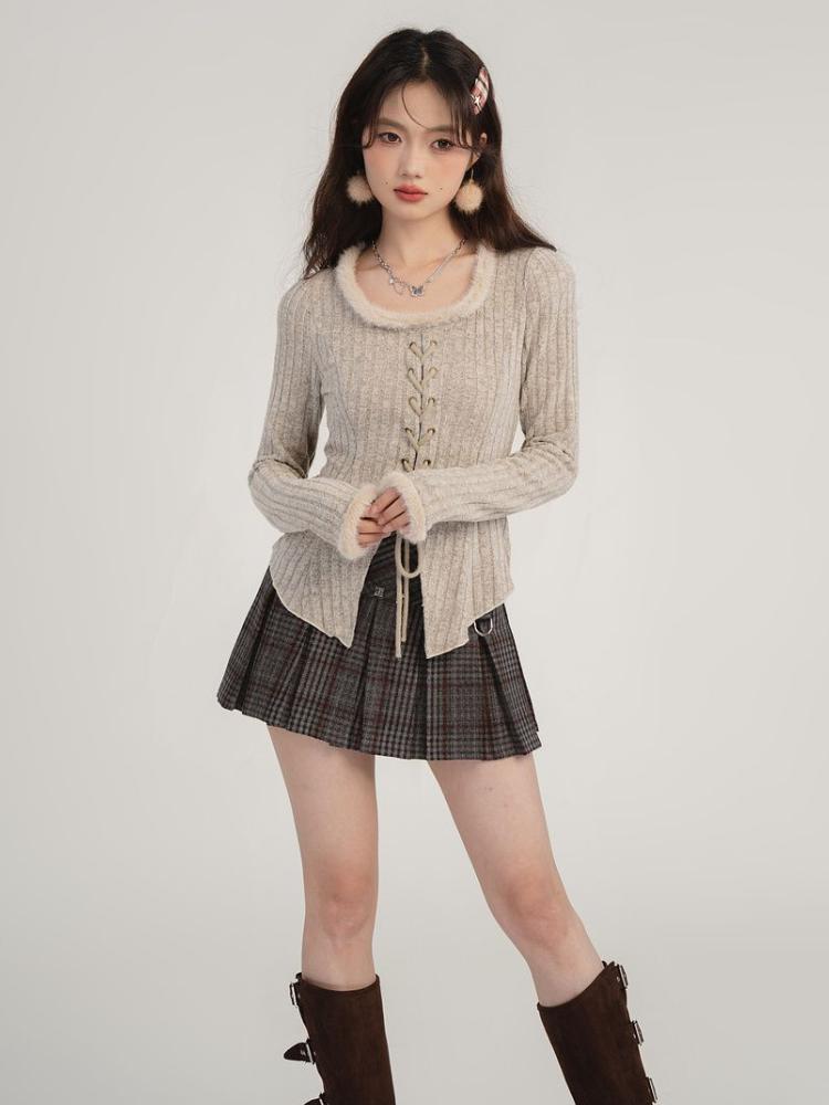 Bandáž Stahovací šňůrka Pletený Cardigan Ženy Podzim Zima Vintage Split Cardigans Korejská móda Y2k Svetry Spodní část Košile Top