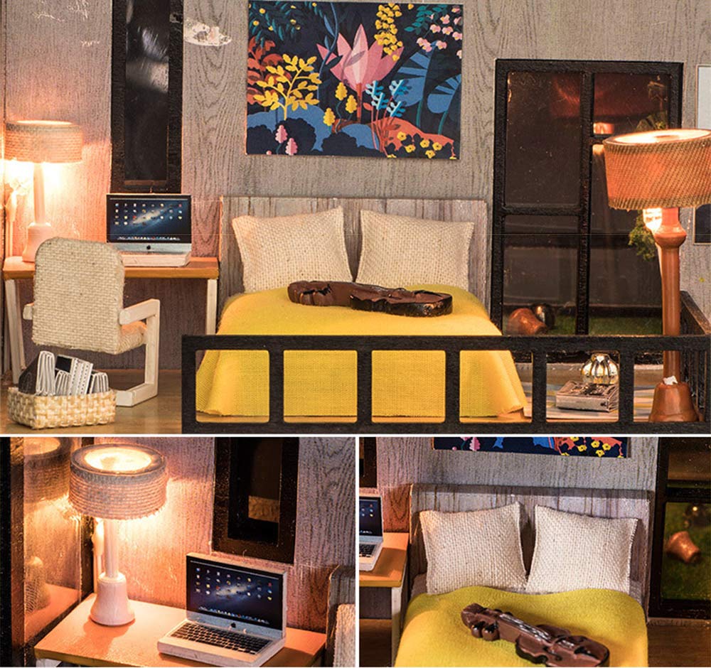 moin moin Dollhouse Miniature DIY Kit Modern Dollhouse with Large Lawn and LED Music and Acrylic Case Set, Two-Story Balcony, Lights, Box,