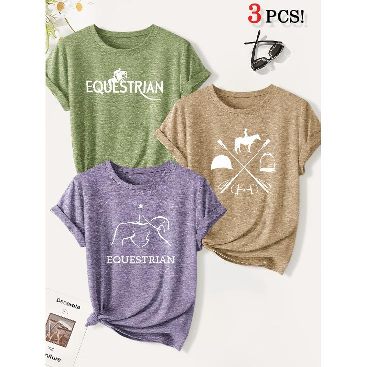 3 Equestrian-themed printed fashion retro-style women's short-sleeve suit Versatile for daily commuting and casual wear in spring and summer T Shirt