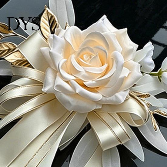 Champagne Rose Car Handle Decor Wedding Artificial Rose, Door Rearview Mirror Flower Reusable Decorative with Ribbon Bow, Suction Cup, Bridal