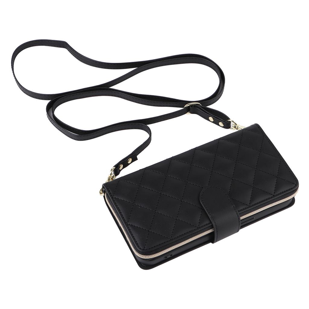 For iPhone 11 Case Leather Zipper Wallet Rhombus Phone Cover with Shoulder Lanyard