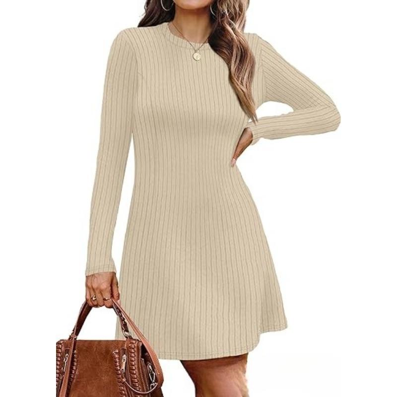 JKASHDK Women's Fashion Spring Fall Solid Color Print Long Sleeve O-Neck High Waist  Casual Dresses