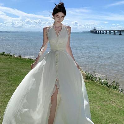 Elegante Vestido Francés de Gasa con Cuello Halter: Perfecto Para Vacaciones de Verano en la Costa