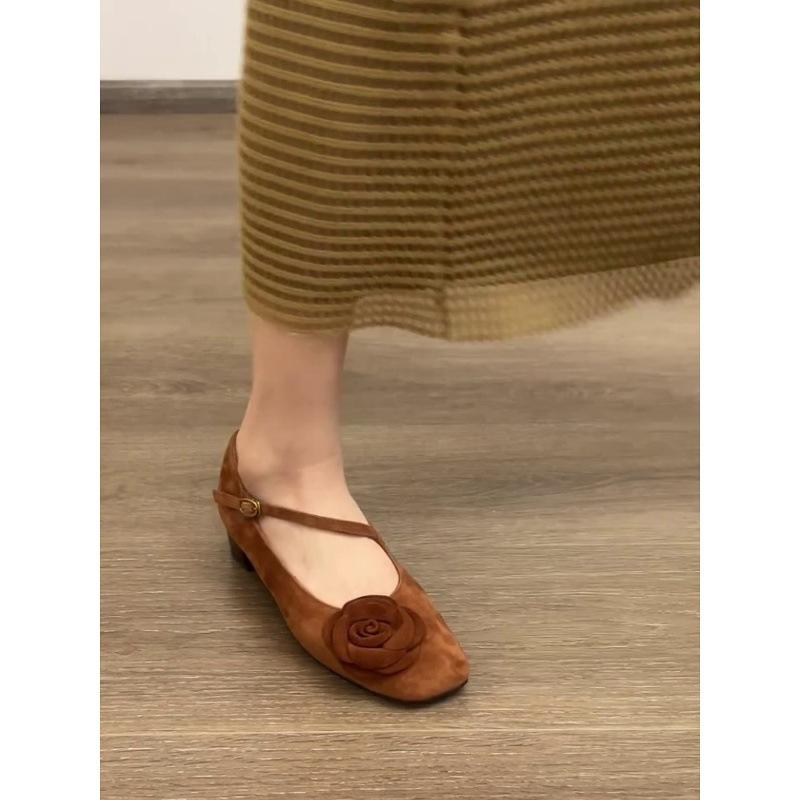 Sheepskin Version~ Retro Square Head Shallow Mouth with Mary Jane Shoes Women's Niche Fashion Flower Commuting Thick Heel Single Shoes