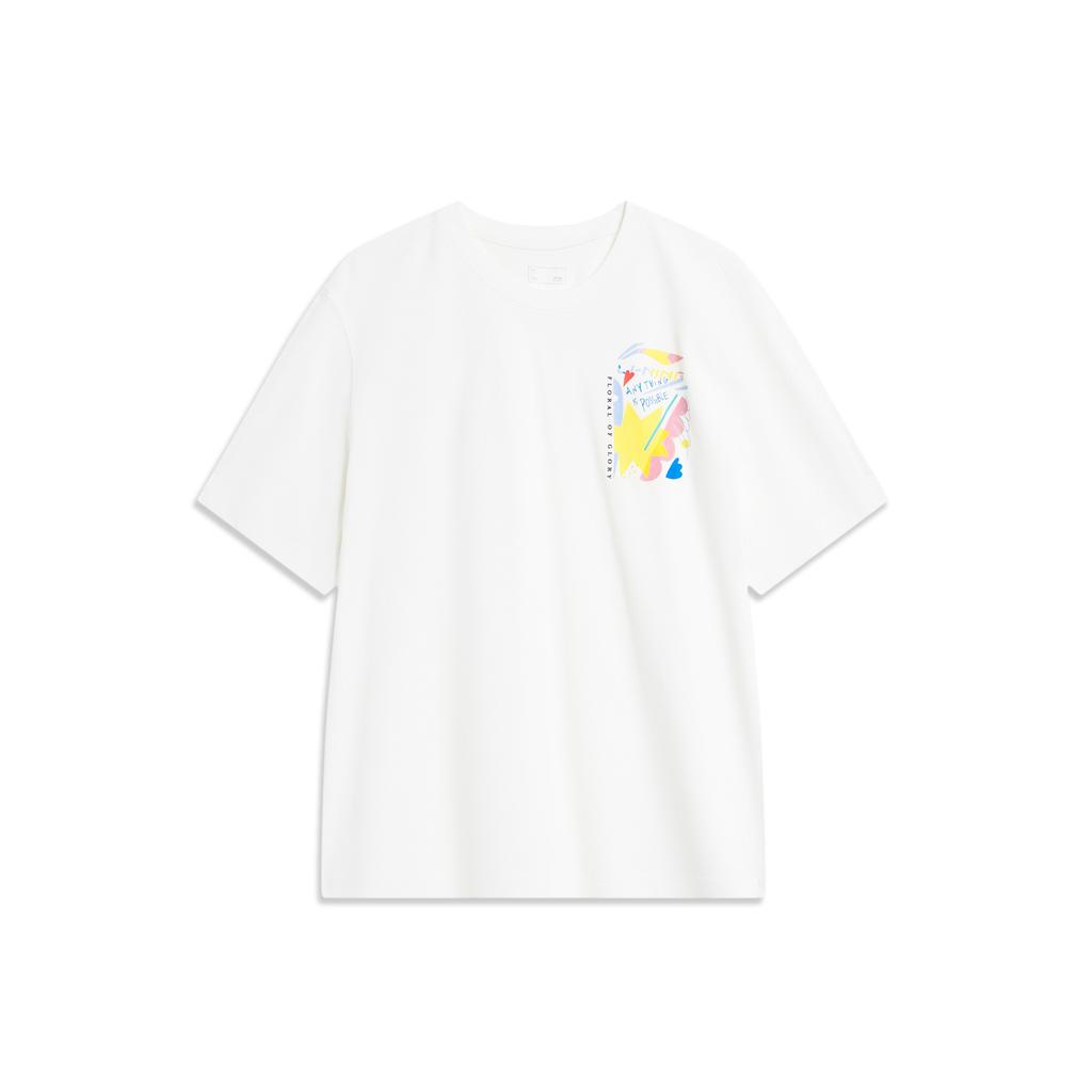 Li-Ning Honor Flower Theme Pattern Printed Round Neck Short Sleeve T-Shirt Unisex Tops Off-White AHST449-6