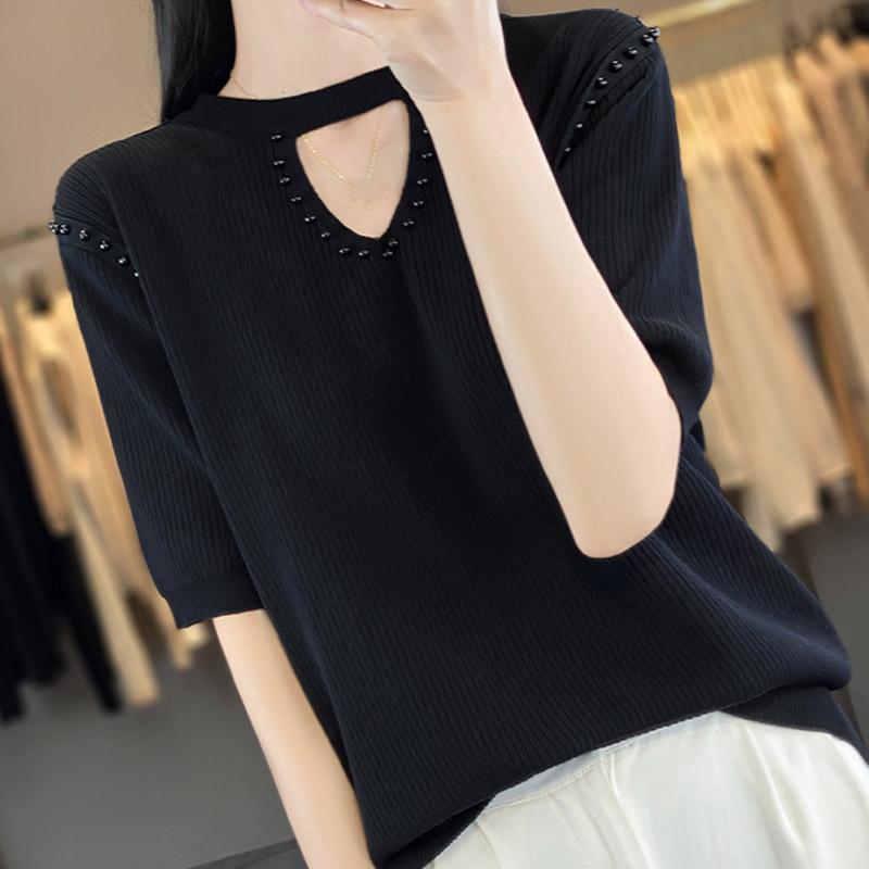 Women Sweaters Pullovers 2025 Summer Short Sleeve O-Neck Black Knitted Sweater Women Tops Pullover JJ175