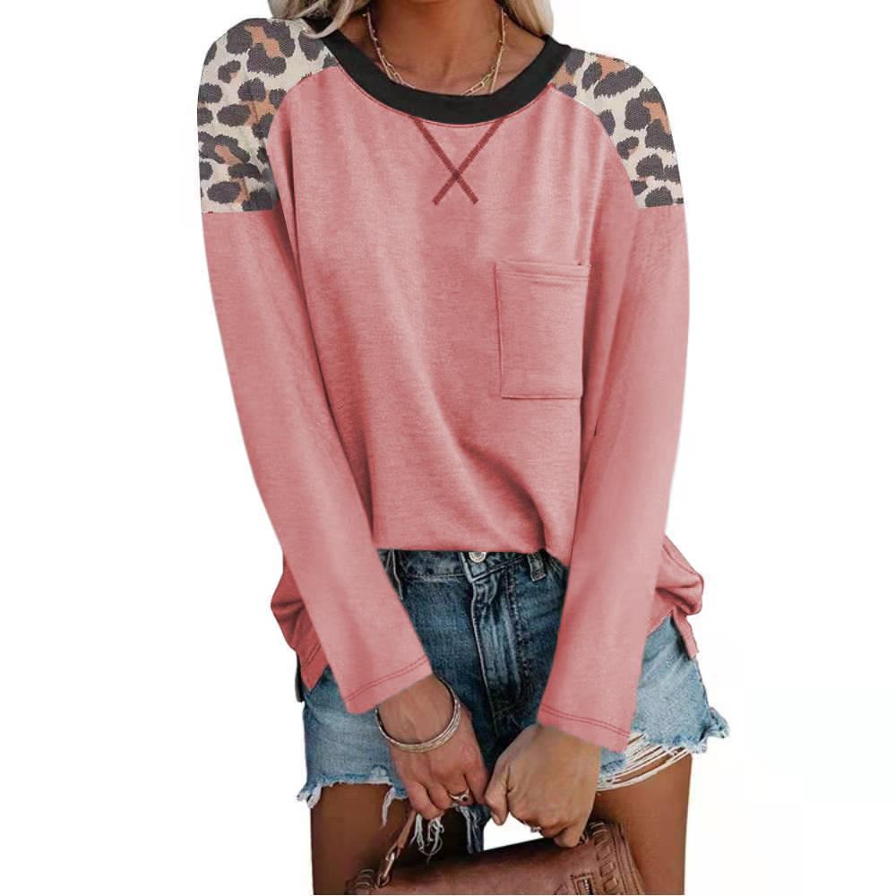 Autumn and Winter New Round Neck Leopard Print Stitching Pocket T-shirt Long-sleeved Bottoming Shirt