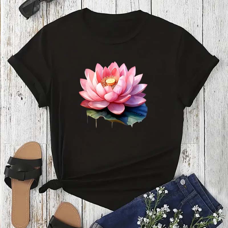 Trendy Lotus Flower Print Women T-shirt Streetwear Short Sleeves Tee Tops Summer Cute Woman Clothes Tops