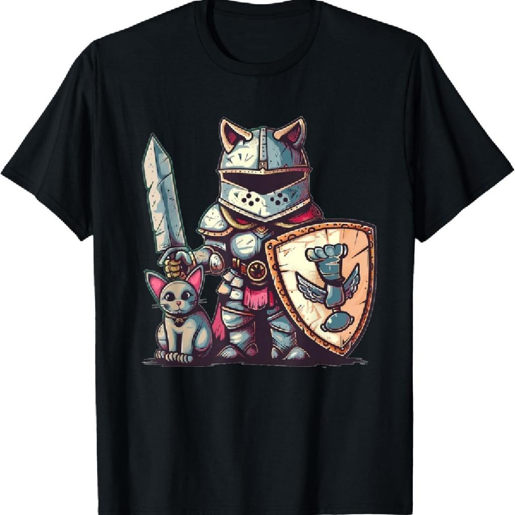 Cool Knight Suit In Armor with Sword and Funny Cat T-Shirt