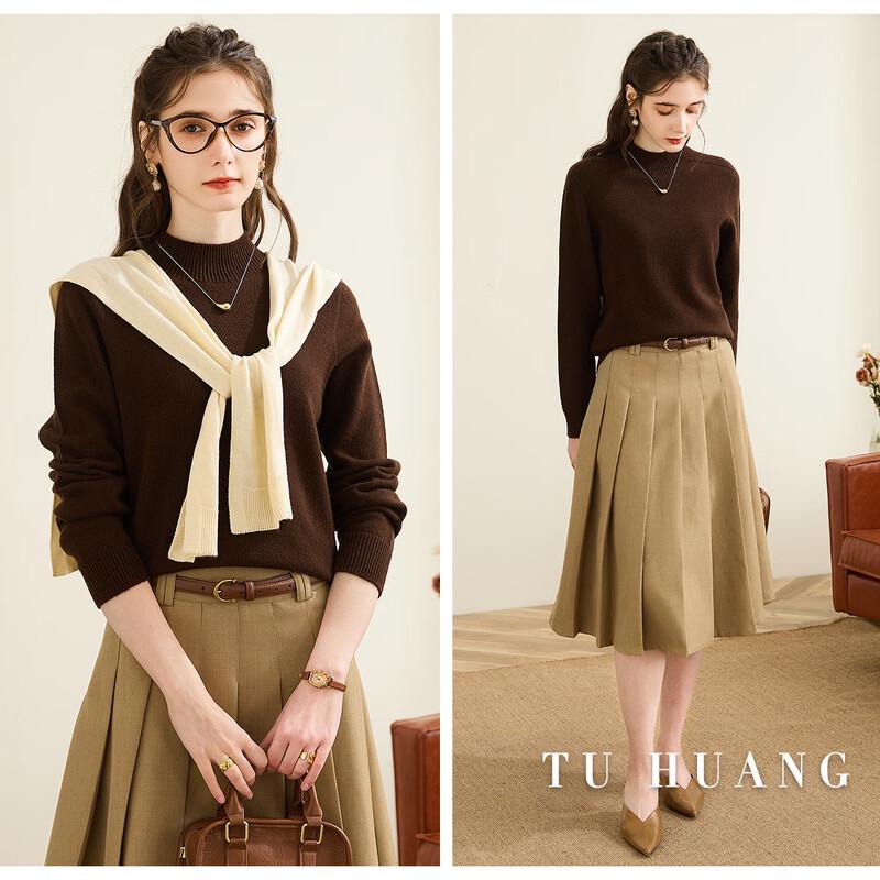 TUHUANG Women's Seamless Pure Wool Mock Neck Sweater