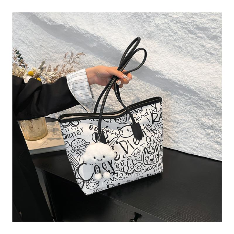 Chic 2026 Graffiti Print Faux Leather Tote Bag for Women, Spacious Casual Shoulder Handbag, Trendy Daily Commute Underarm Bag CLE