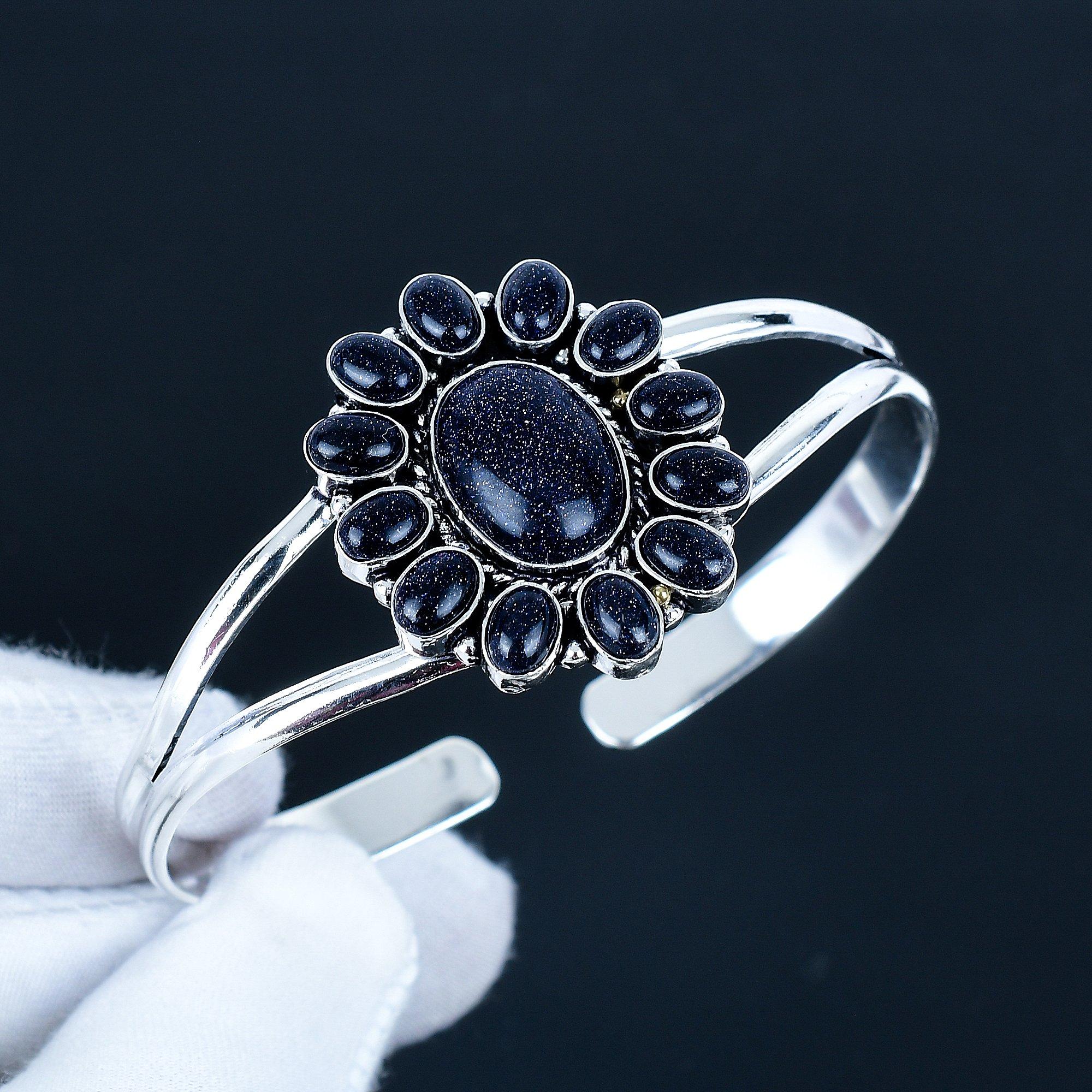 

Удивительный браслет-манжета ручной работы из драгоценного камня голубого солнечного камня, браслет-манжета из стерлингового серебра 925 пробы, браслет в форме цветка из голубого солнечного камня для жены, браслет унисекс 7 синий