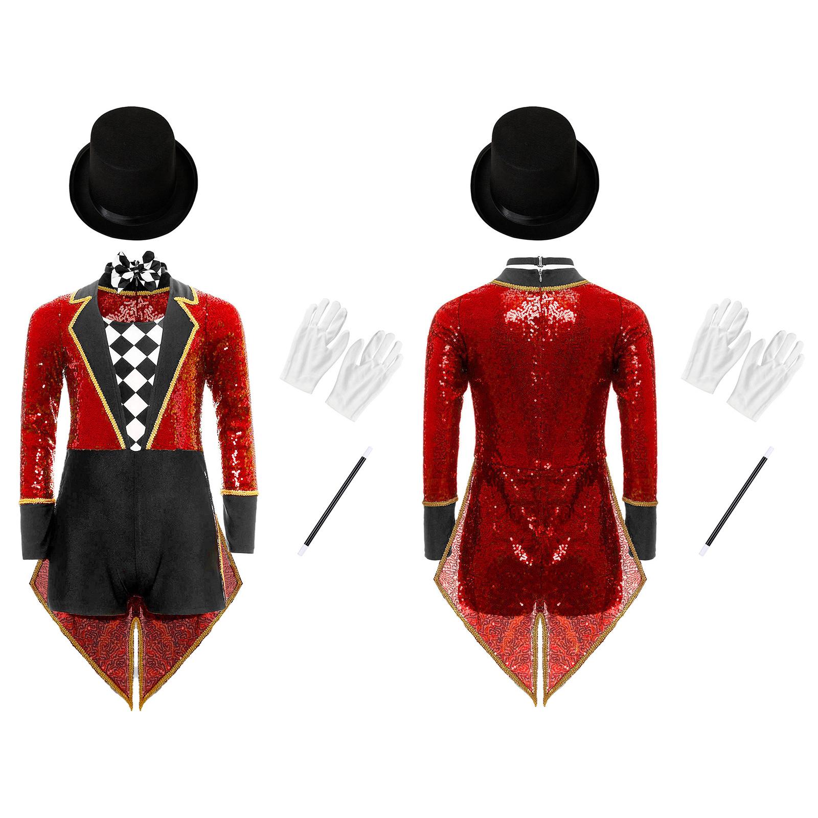 Komplettes Kinder Zauberer Halloween Kostüm Set: Pailletten-Schachbrett-Frack-Bodysuit mit Hut, Fliege, Handschuhen & Zauberstab 5-6 Years rot