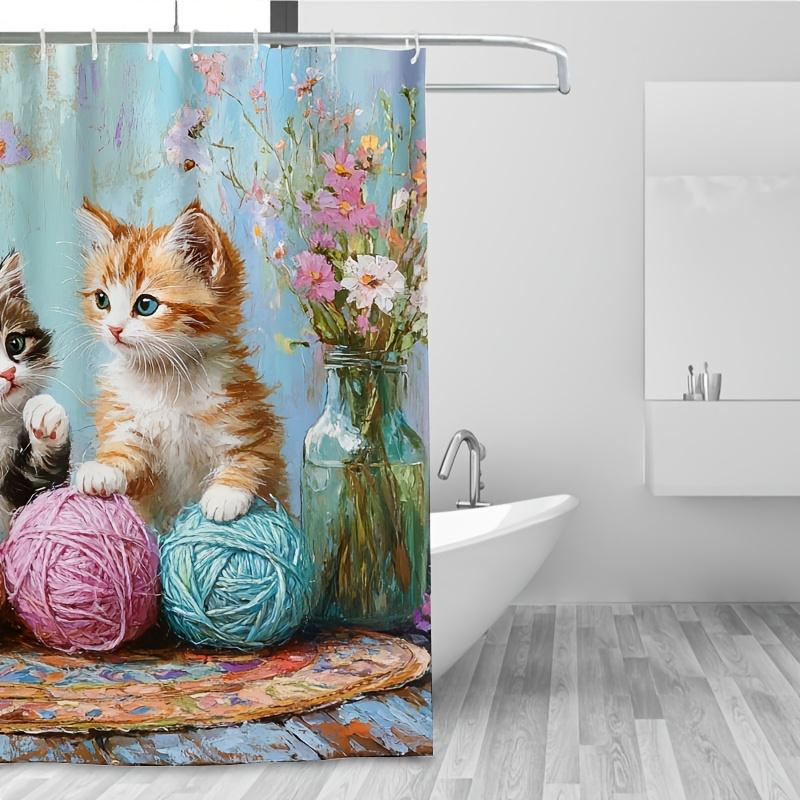 1PC Adorable Kitten Playing with Yarn Shower Curtain, Durable Polyester,Cute Cats & Floral Design, for Bathroom & Window Decor