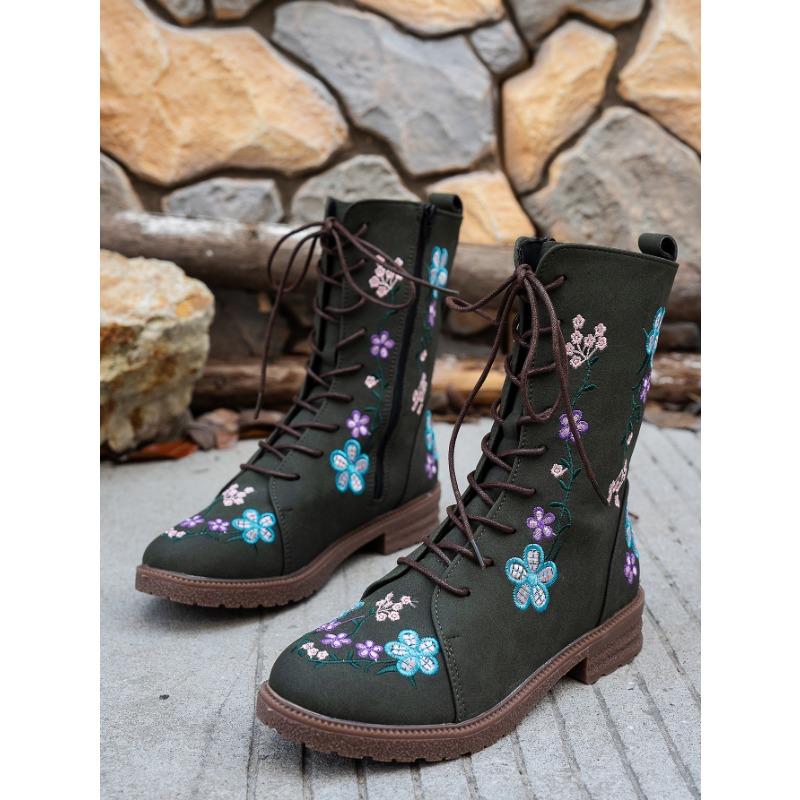 Autumn and Winter New Flat-bottom Embroidered Martin Boots Women's Round Head Square Heel Side Zipper Lace-up Medium Boots Women