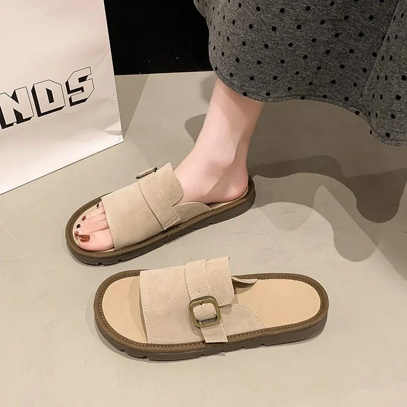 Summer Women Suede Leather Flat Slippers Plus Size Buckle Non-Slip Sandals Casual Breathable Woman Fashion Platform Shoes