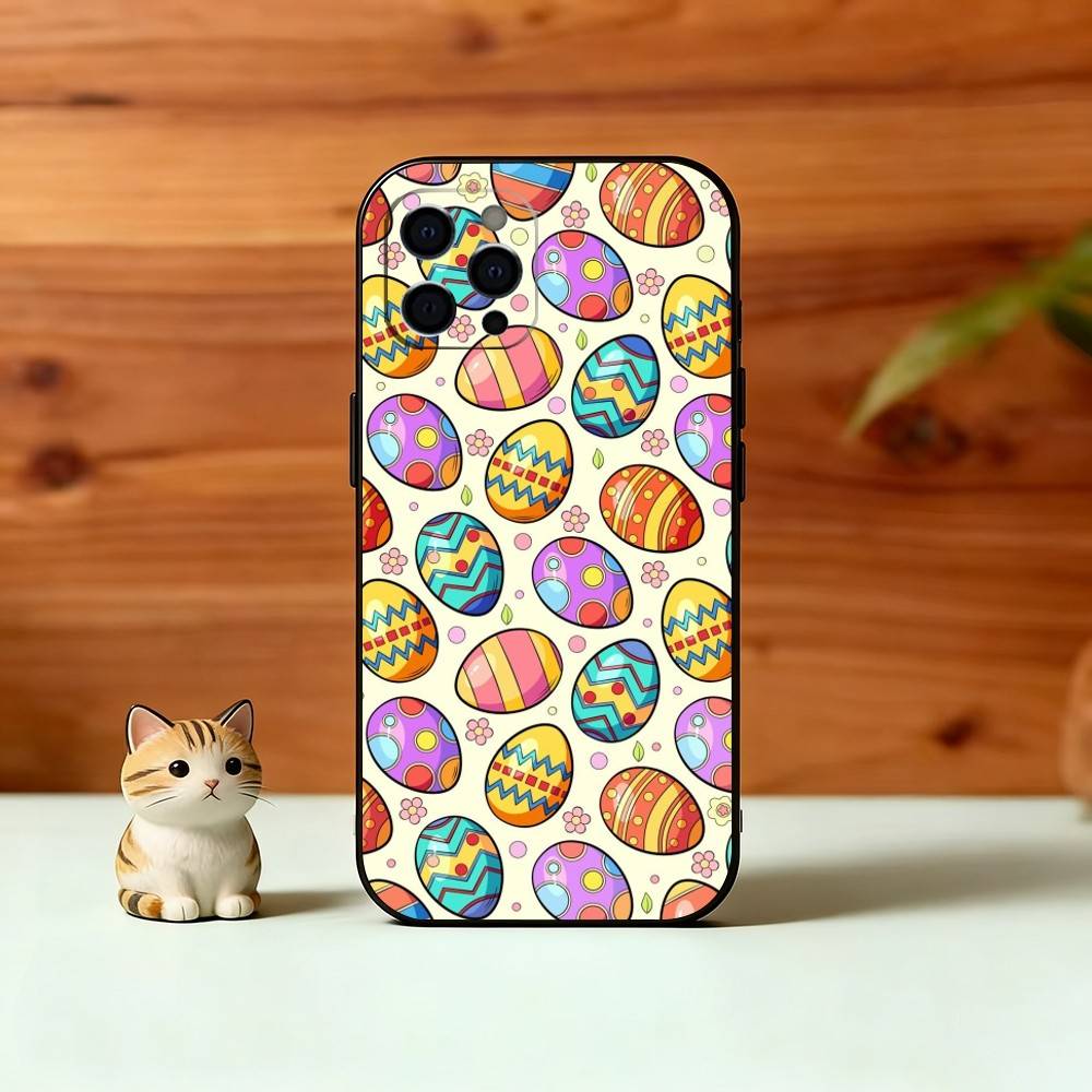 Easter Pattern Phone Case For iPhone 17,16,15,14,13,12,11 Plus,Pro Max,XS,Soft Silicone Black Cover