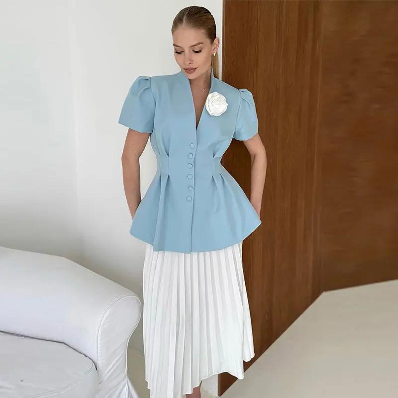 Moda Donna Europea e Americana Estate 2025 Top Suit Corto a Maniche Corte Floreale Fatto a Mano in Vita Stretta