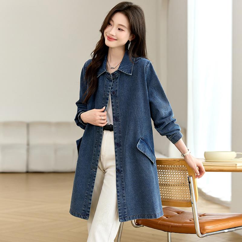 Women's Mid-Length Denim Trench Coat - 2025 Spring/Autumn Casual Korean Style, Slim-Fit, Loose Shirt Top
