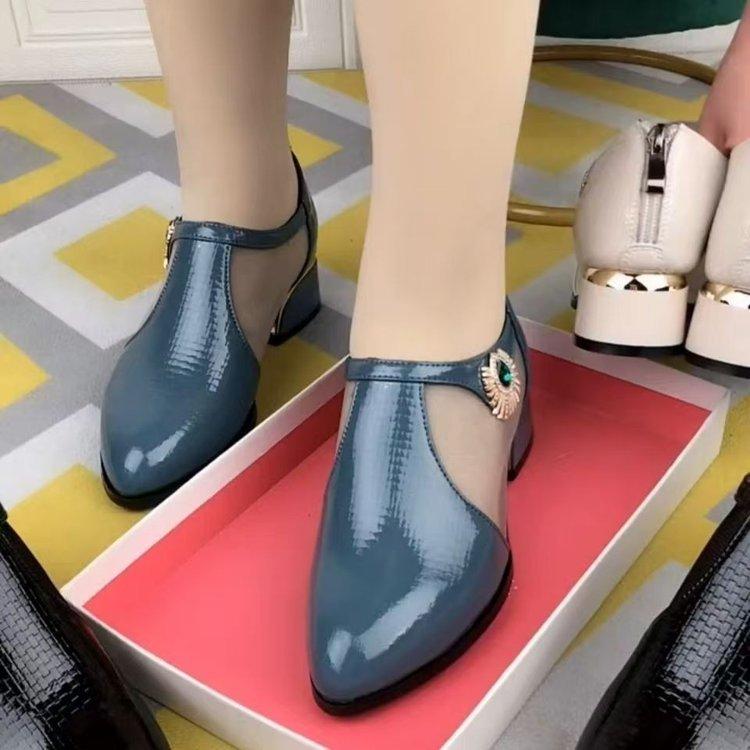 European and American new hollow mesh bag head single shoes women's deep mouth thick heel single shoes women's medium heel rhinestone single shoes