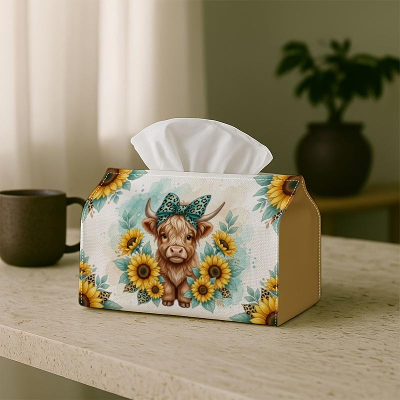 1pc, 2D Flat Printing, Tissue Box Highland Cow with Sunflowers - Rural Cottage Pattern Printed Tissue Box, Suitable for Bathrooms, Living Rooms, Bedro