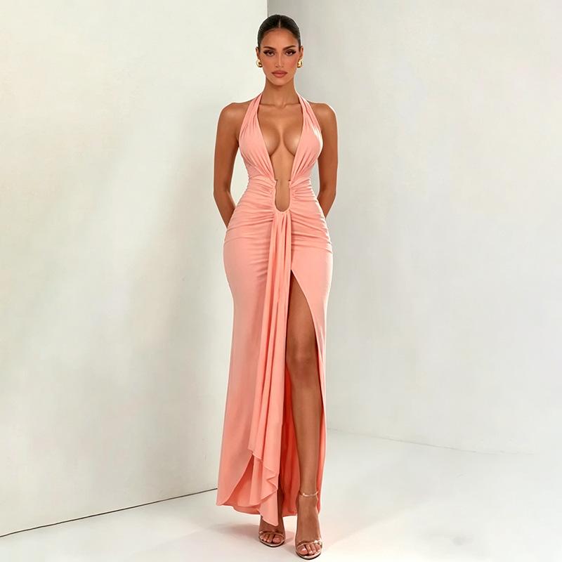 Europe, America 2026 summer new women s clothing solid color sexy deep V neck halter split hip wrap dress women XS