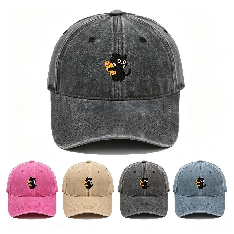 Vintage Washed Black Cat Holding Pizza Embroidery Baseball Cap Unisex Adjustable Brim Dad Hat Pet Lover Casual Outdoor Sun Hat