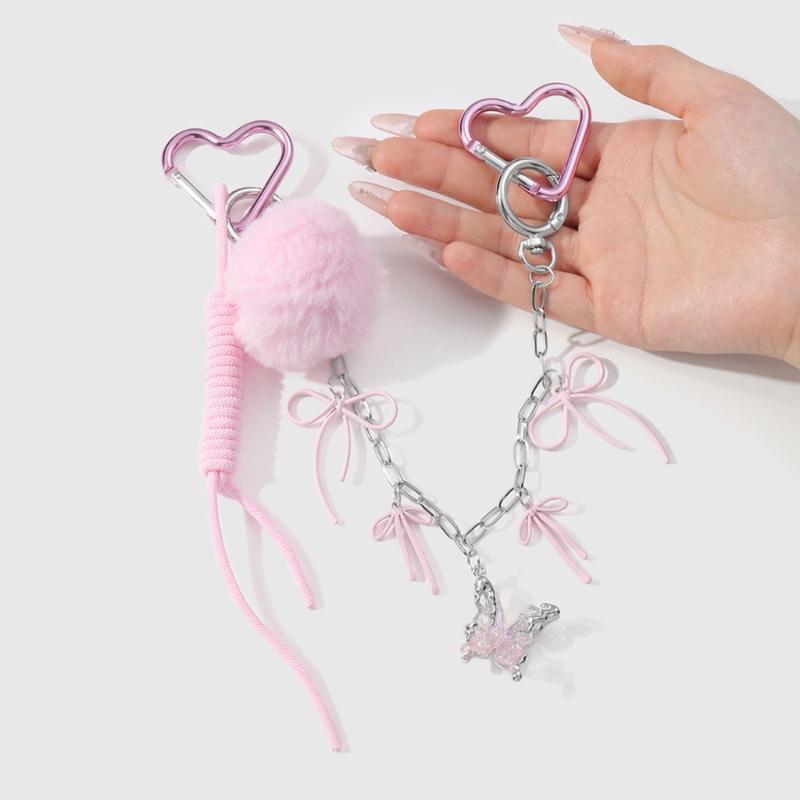 Fashion Bows Keyring Creative Car Key Chain Plush Pompoms Keychain Heart Keyrings Bag Pendant Ornaments Bag Charm