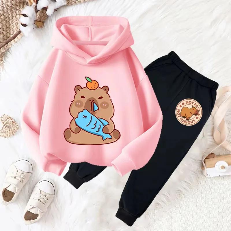 Capybara Print Children Hoodie Sets Girls Boys Autumn Winter Casual Fashion Cute Funny Fleece Long Sleeve Hoodies and Long Pants