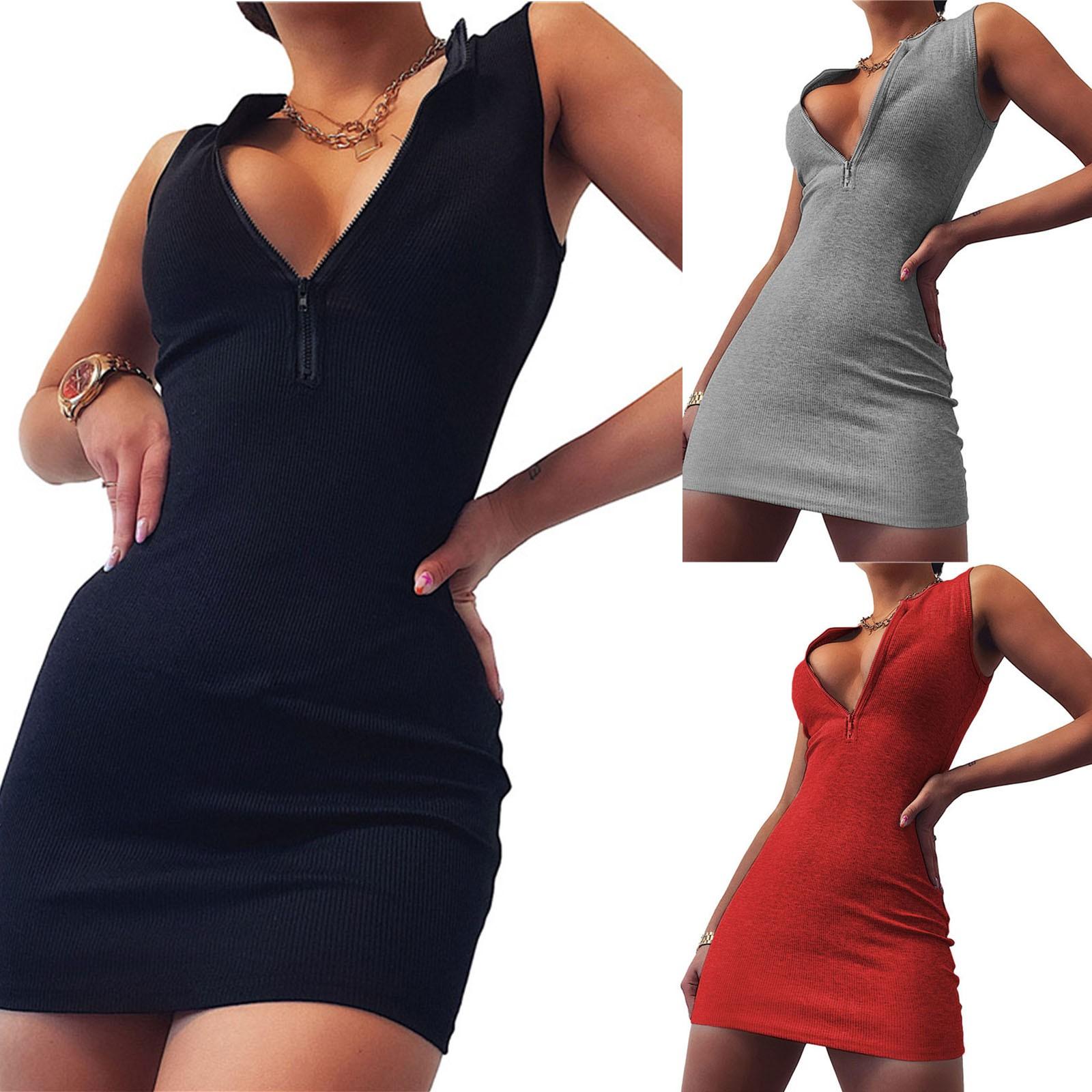 

Модное женское сплошное сексуальное сексуальное трикотажное платье на молнии без рукавов с v-образным вырезом