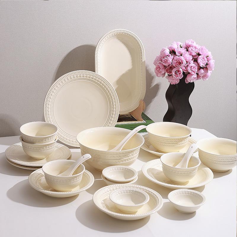 Conjunto de Pratos Simples Estilo Creme, Cerâmica Doméstica de Luxo Leve, Prato, Tigela de Sopa, Louça de Cerâmica Sob Esmalte