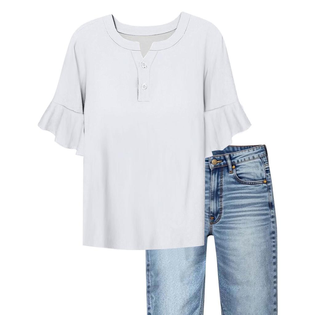 Women's Casual Fashion V-neck Ruffled Trumpet Sleeves Loose Versatile Solid Color Short Sleeves