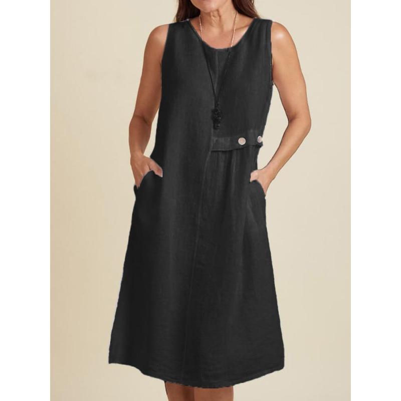 DAFIFY Moda feminina verão primavera cor sólida estampa sem mangas gola redonda cintura solta vestidos casuais