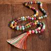Boho Pierre Naturelle Pierre Colorée Collier Long 99 Perles Pendentif Gland en Soie Fait Main Perles Vacances Zircon Cadeau