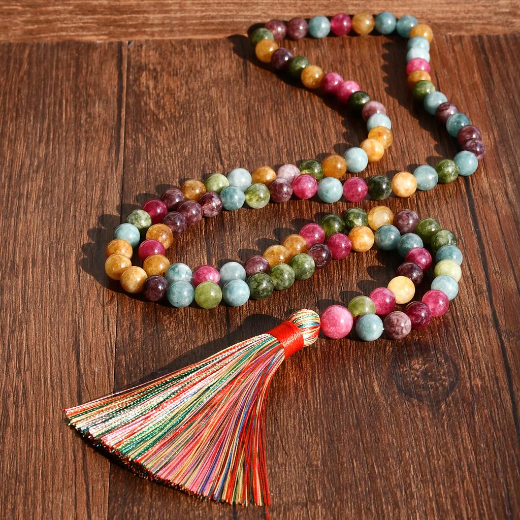Bohemain Natural Stone Colorful Stone 99 Beads Long Necklace Silk Tassel Pendant Handmade Beaded Hoilday Zircon Gift
