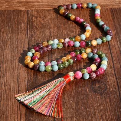 Bohemianische Naturstein Bunte Stein 99 Perlen Lange Halskette Seidenquaste Anhänger Handgefertigt Perlenkette Urlaub Zirkon Geschenk