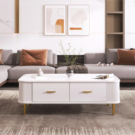 Coffee Table Golden Handles with Two Drawers Large Storage Space Curved Corners Wavy Side Storing MDF Rectangle Shape Tea Table Home