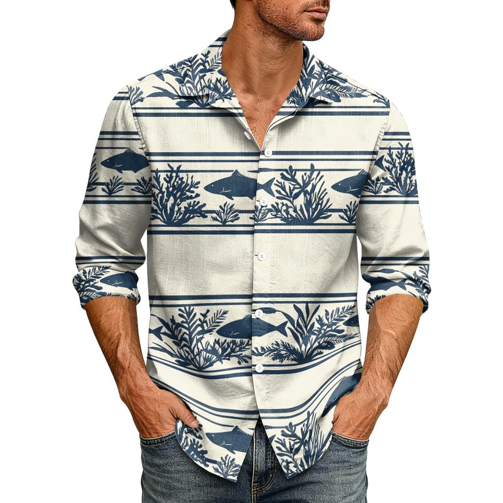 Men's Loose Fit Long Sleeve Shirt Hawaiian Style Button Down Collar Casual Vintage Design Lightweight Breathable Fabric Suitable for Spring Autumn