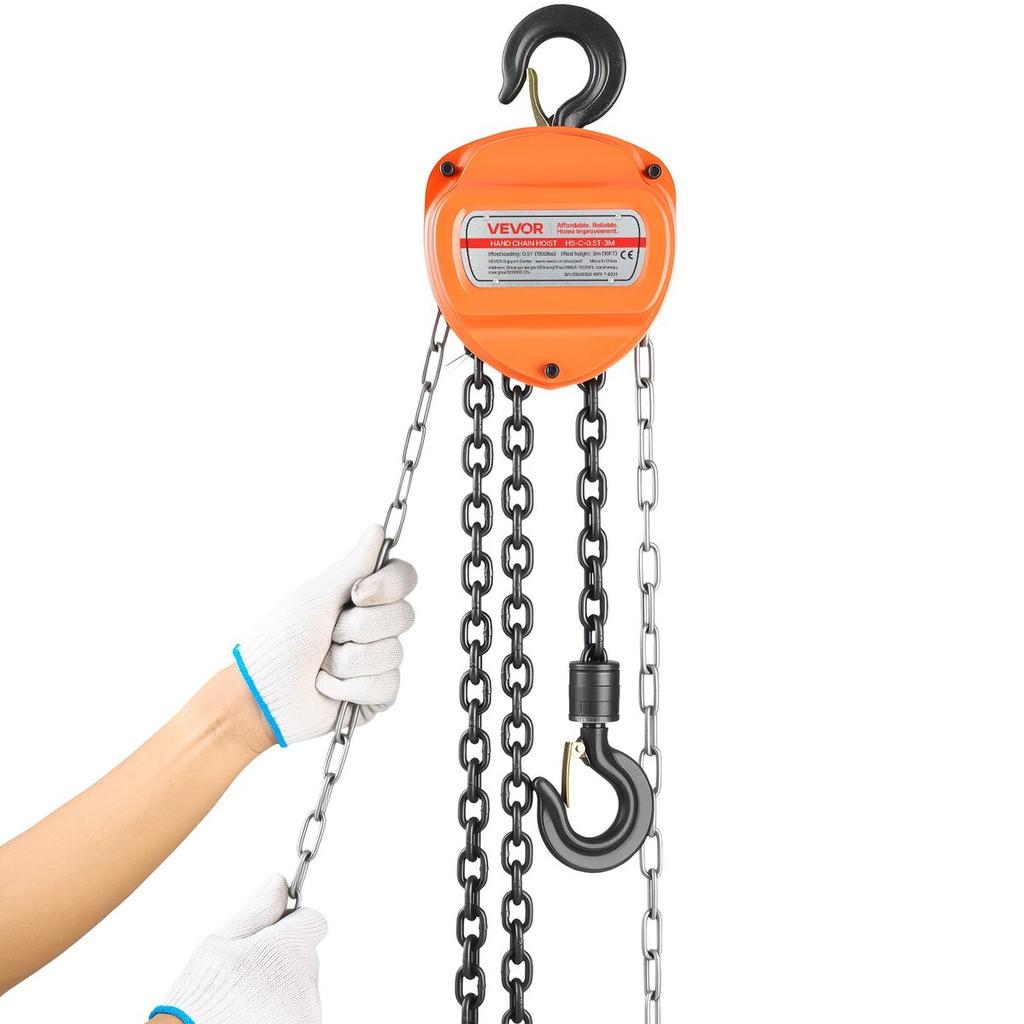 Hand Chain Hoist, 1/2 Ton Capacity, Manual Chain Block with Upgrade G80 Galvanized Chain, 3 M Lifting Height, Heavy Duty Pulley Hoist for Garage