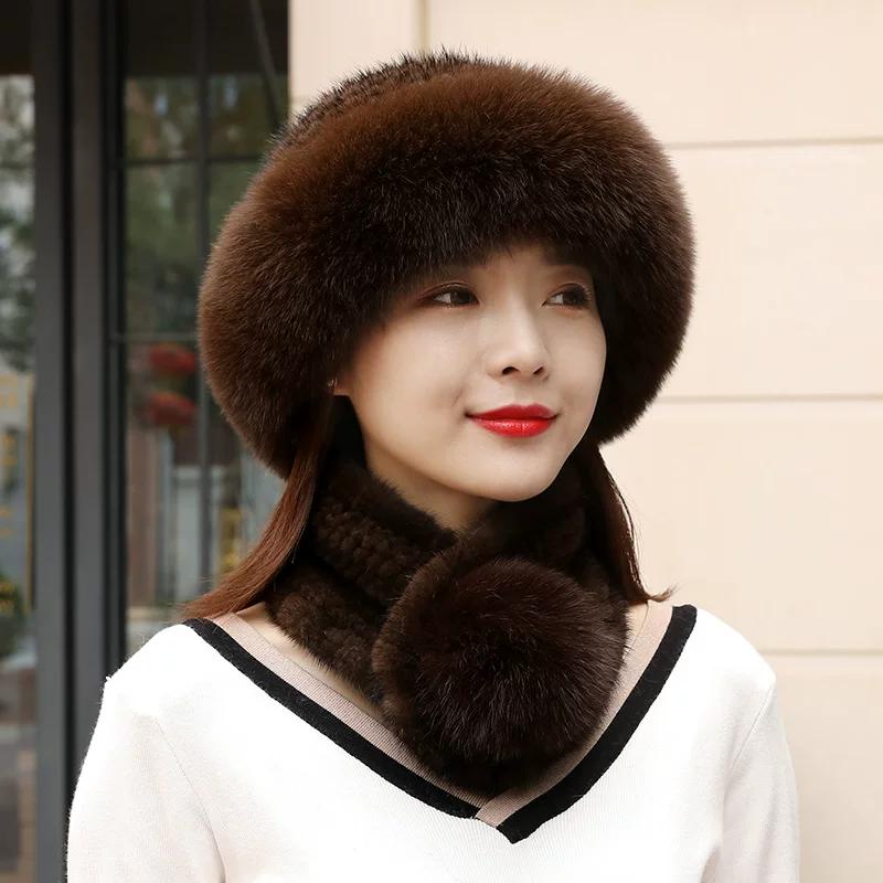 Fur Hat Scarf Set Women's Winter Warm Real Hair Winter Bucket Hat Winter Fashion Mink Two-piece Set
