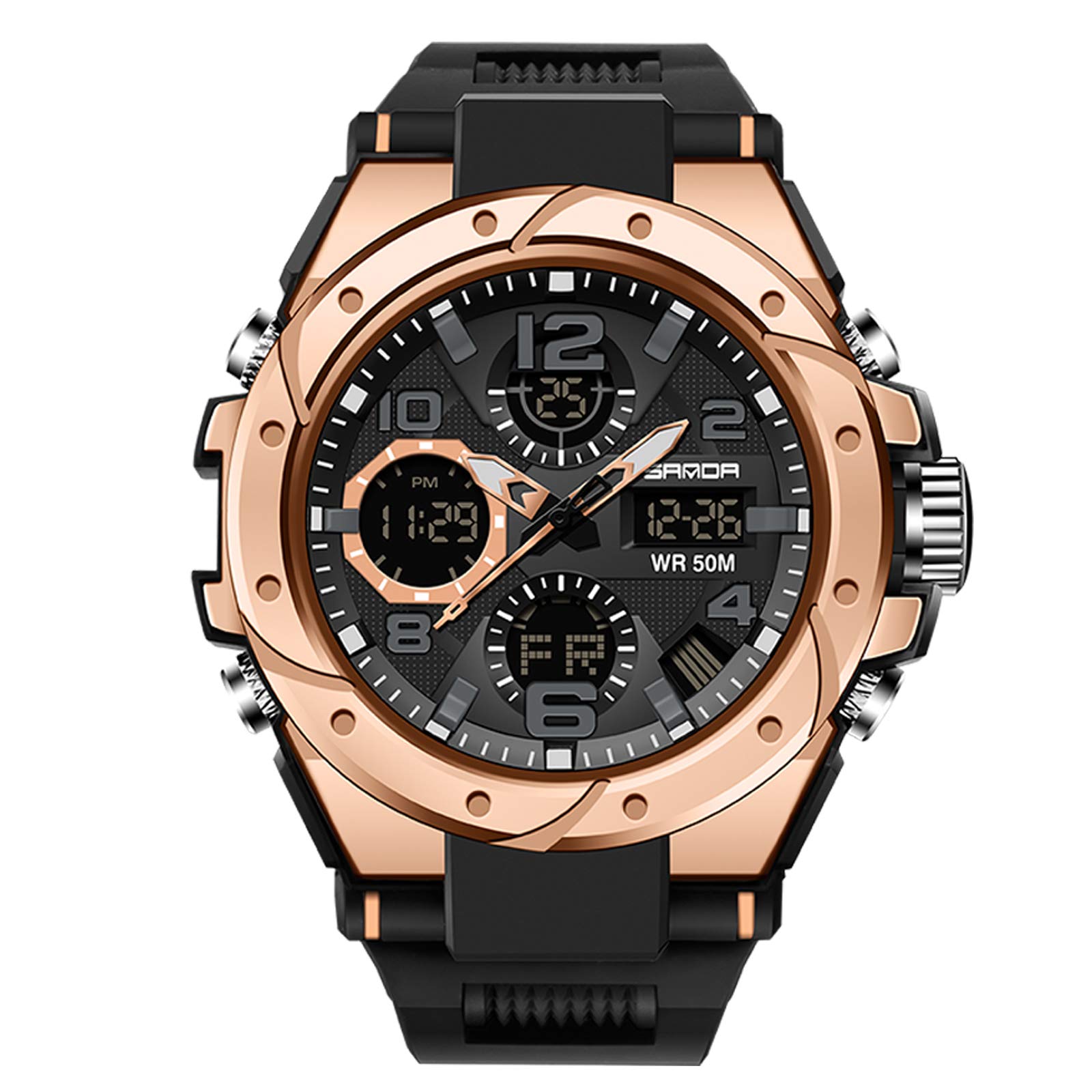 

RORIOS Men s Quartz Sports Watch, Waterproof, Digital Display, Calendar, Luminous, Shockproof, Resin Strap, Rose Gold.
