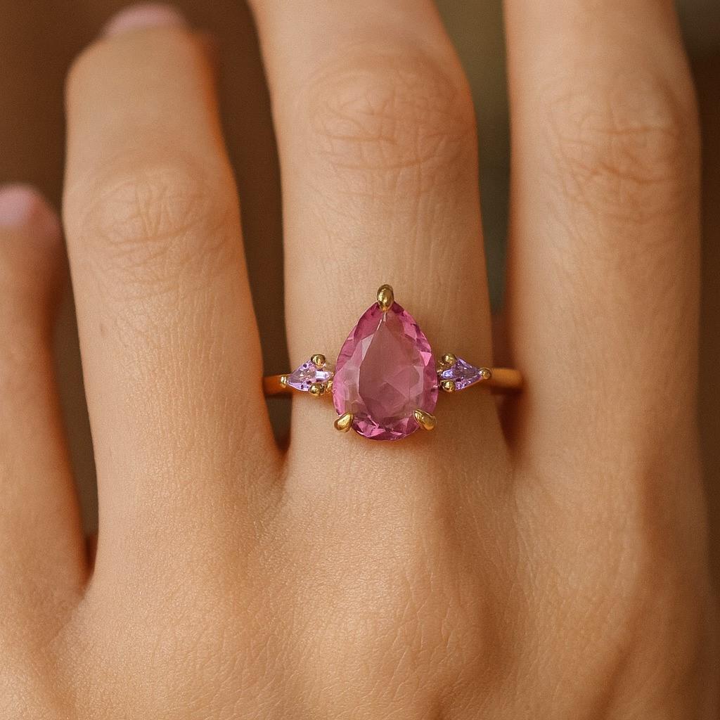 Pink Pear & Kite Cut Sapphire Ring – Yellow Gold Plated Wedding, Engagement, Anniversary, Promise Gift for Women | Birthstone Jewellery