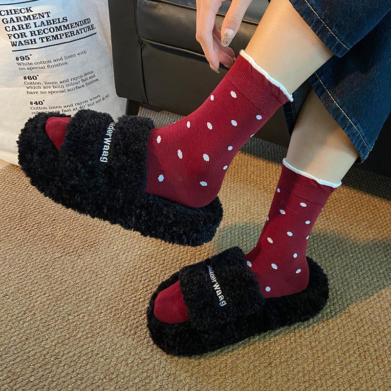 26 Year Of The Horse Red Socks Women'S Autumn And Winter New Japanese Bow Lace Cotton Socks Birthday New Year Red Stacking Socks