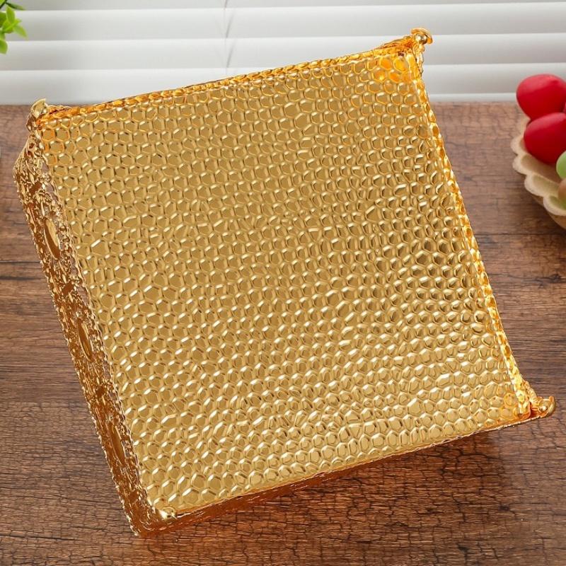 European Style Fruit Plate,Golden Alloy Square Shape Hollowed-out Candy Tray,20 cm Food Snack Disc,Wedding Housewear Decoration